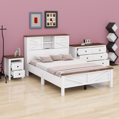 Rustic 3-Piece Sleep Set with Space-Saving Platform Bed, Multi-Functional Sliding Door Headboard with USB Access, and Complementary Nightstand and Dresser for Enhanced Organization