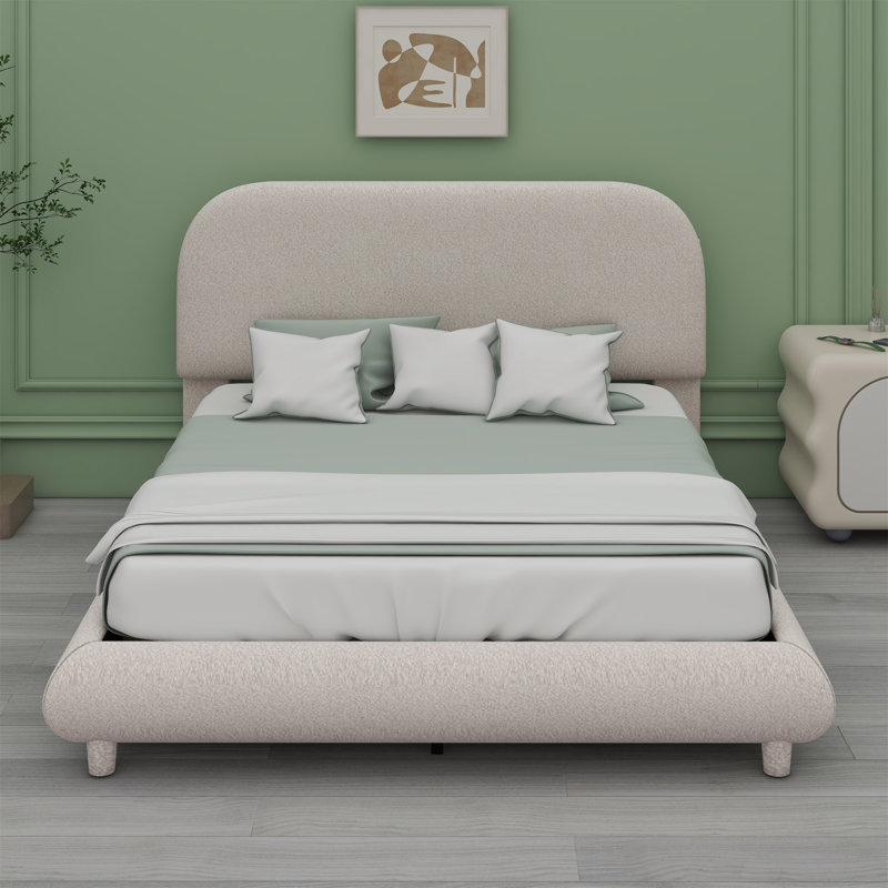 Lit plateforme tapissier, structure solide et design courbé élégant, Beige