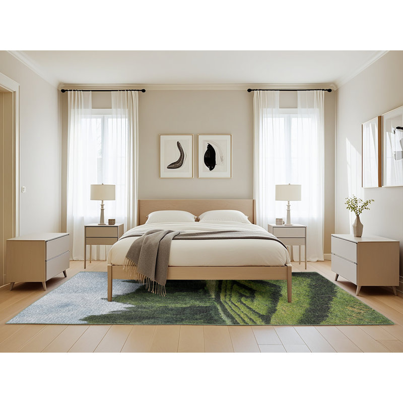 Tapis vert/bleu tissé à la machine, Rectangle 5 pi x 8 pi
