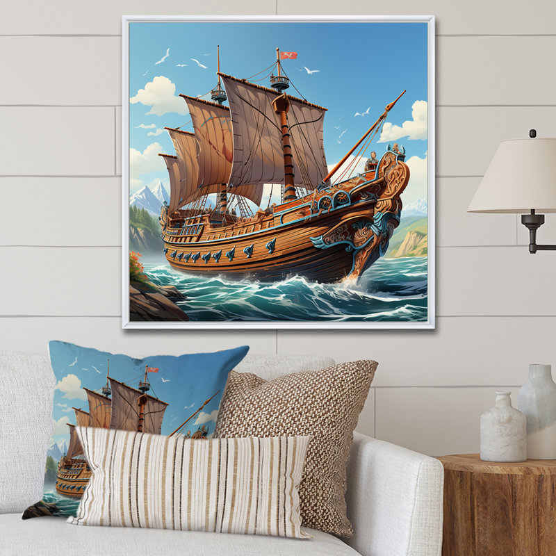 Bateau, voyage viking - Art mural classique, Cadre flottant blanc, H 16 po x l 16 po x P 1 po