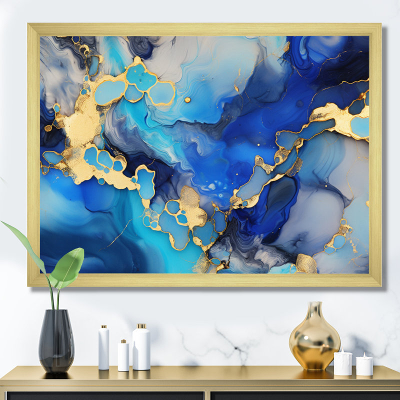 «Blue and Gold Luxury Abstract Fluid Art I», reproduction sur toile, H 16 po x l 32 po x P 1 po, Encadrement doré