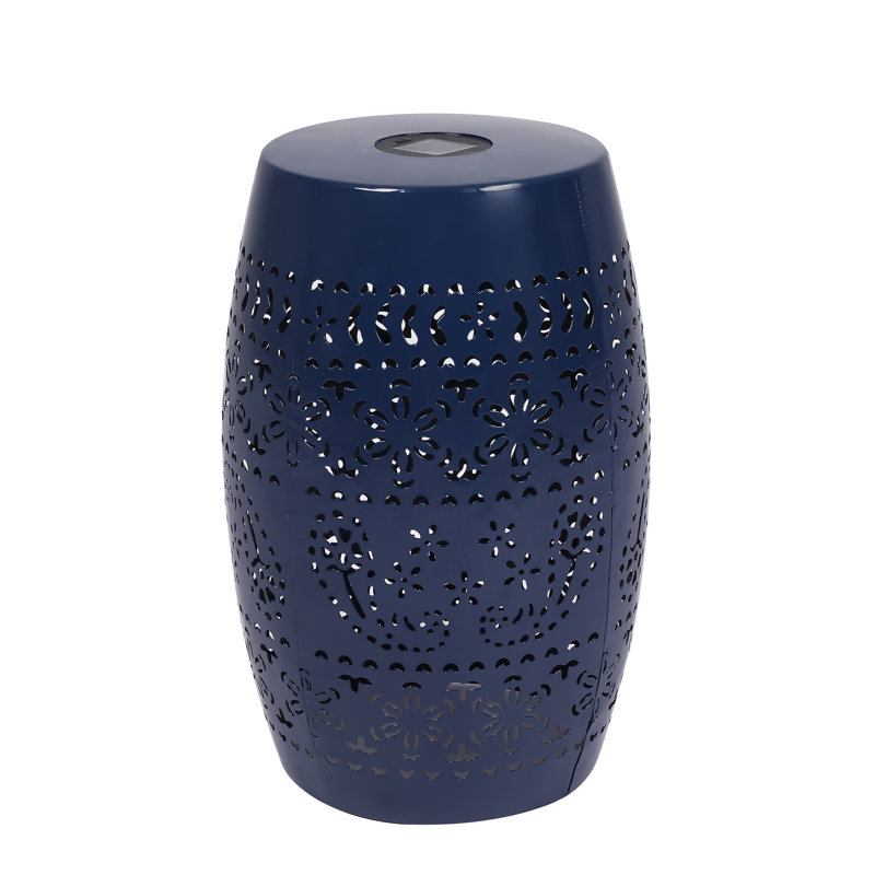 Outdoor Solar Garden Side Table with Light, Floral Cutouts Decorative Accent End Table for Patio or Balcony, Teal, Blue