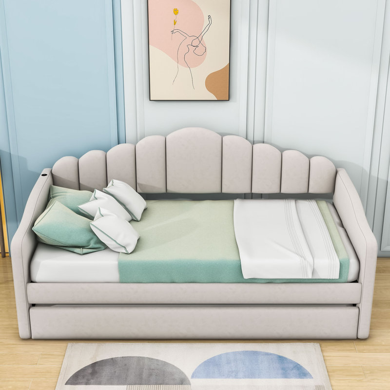 Twin Upholstered Daybed with USB Charging Ports and Trundle, Beige, Twin