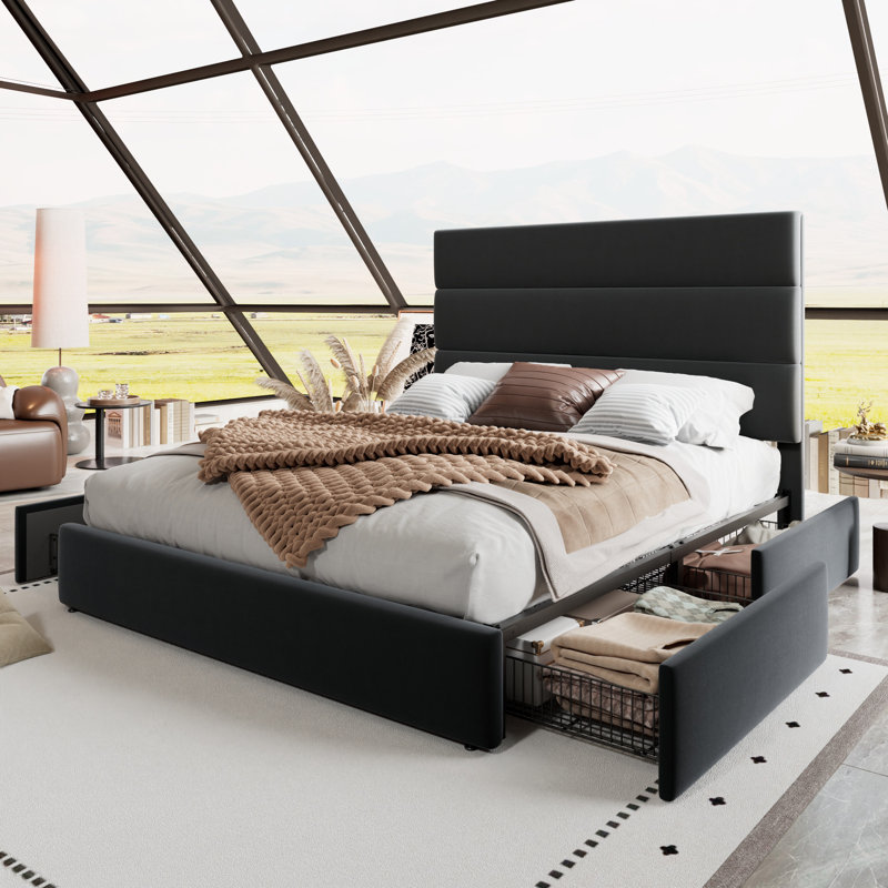 Lit plateforme avec rangement en lattes de bois et tête de lit tapissier en velours, Noir, Grand