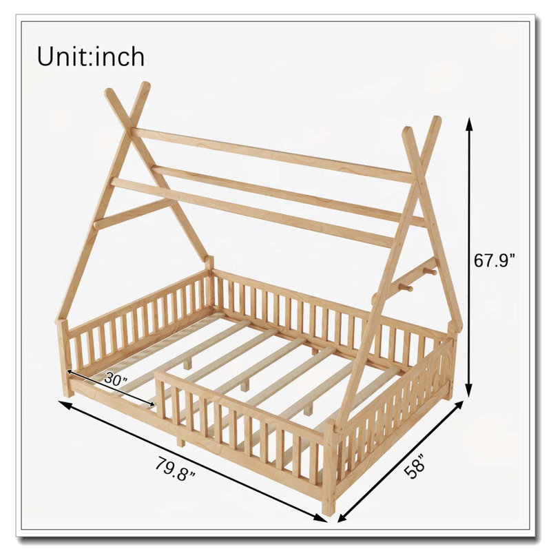 Lit maison en bois avec clôture, Naturel, Lit double