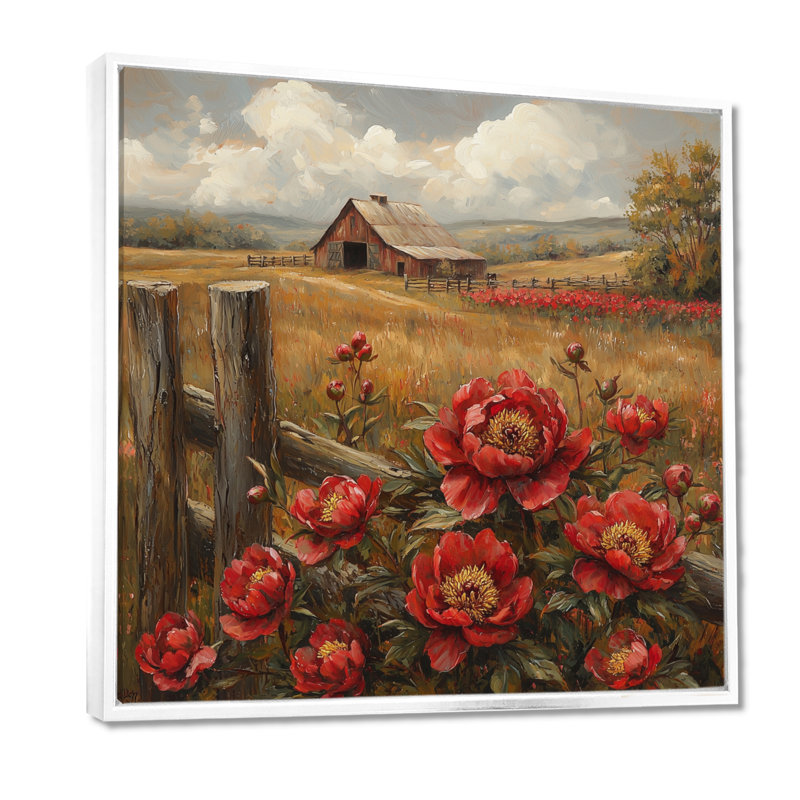 Art mural rétro pour pivoines Crewe par The Barn I - pivoines rouges, H 16 po x l 16 po, Impression encadrée flottante, Blanc