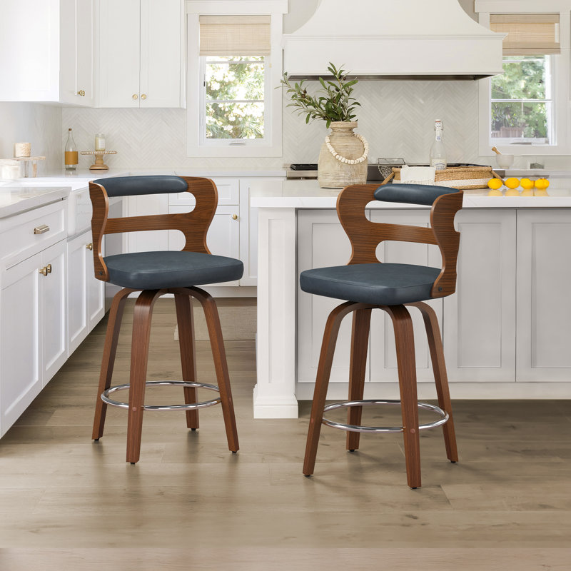 Tabouret de comptoir pivotant rembourré avec structure en bois manufacturé Deshunda, Gris bleu / brun