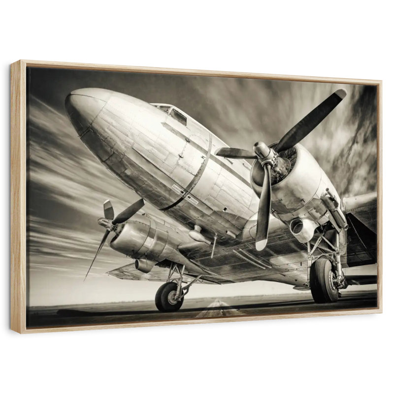 Avion rétro monochrome, Cadre flottant en bois naturel, 31 po x 21 po