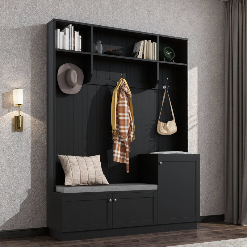 Banc de rangement élégant pour le hall d'entrée avec coussin et 3 crochets - noir, solution d'entrée moderne, Noir