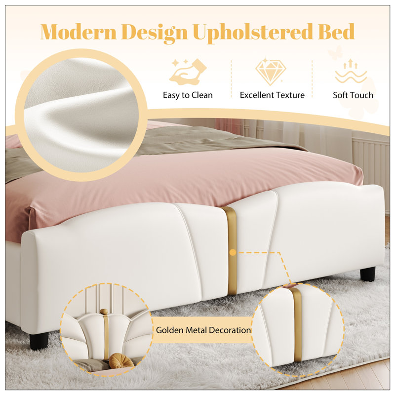 Structure de lit rembourrée en cuir PU YDT, tête de lit en forme de papillon avec décorations en métal doré, beige, Beige