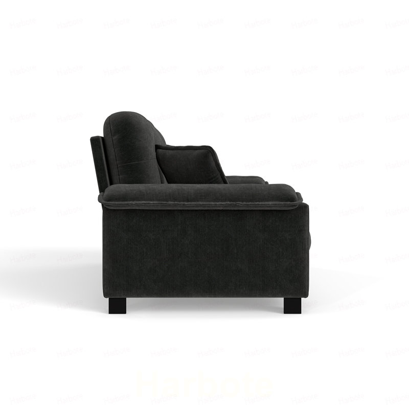 Canapé en chenille plissé 3 places avec support à ressorts durable et coussins en mousse épaisse et dense, Chenille - noir