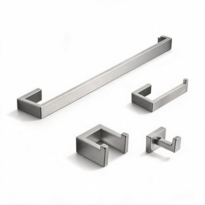 4 Piece Wall Mounted Bathroom Hardware Set in Brushed Nickel Stainless Steel with Towel Bar, Paper Holder and Robe Hook