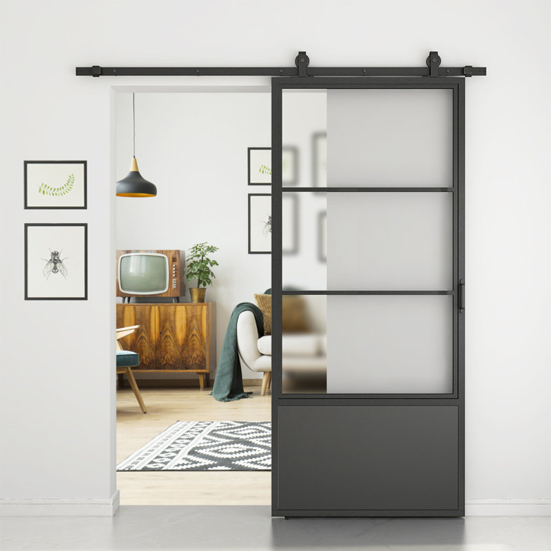 Glass and Metal Barn Door with Installation Hardware Kit, Frosted Glass