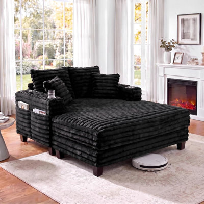 64" Oversized Upholstered Chaise Lounge Chair With Solid Wood Frame, Deep Seating & Soft Fabric, Living Room Indoor Accent Chair For Lounging & Reading (Corduroy, Black)