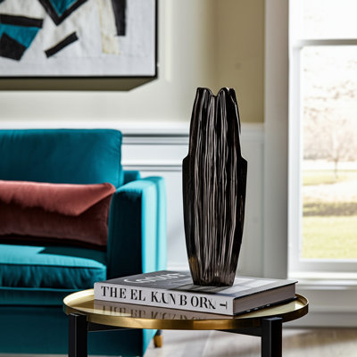 Brander Modern Glam Sculptural Metal and Aluminum Decorative Vase with Textured Striped Design and Organic Rim Detailing