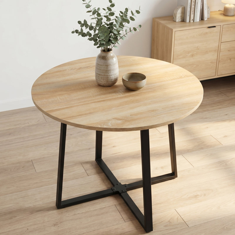 Otrange Round with Iron Base Dining Table, Natural Wood