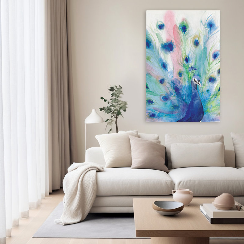 «Peacock Glory IV Crop» - animaux, oiseaux, art bohémien bleu, H 60 po x l 40 po