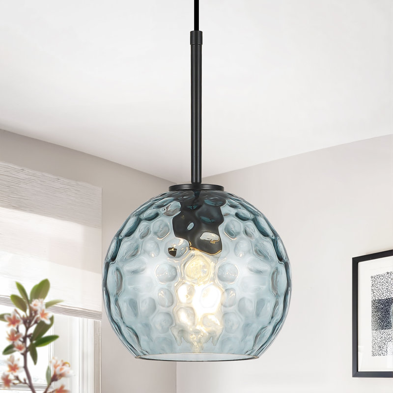 1-Light Clear Water-Ripple Glass Pendant Light for Kitchen Island & Dining Room, Blue