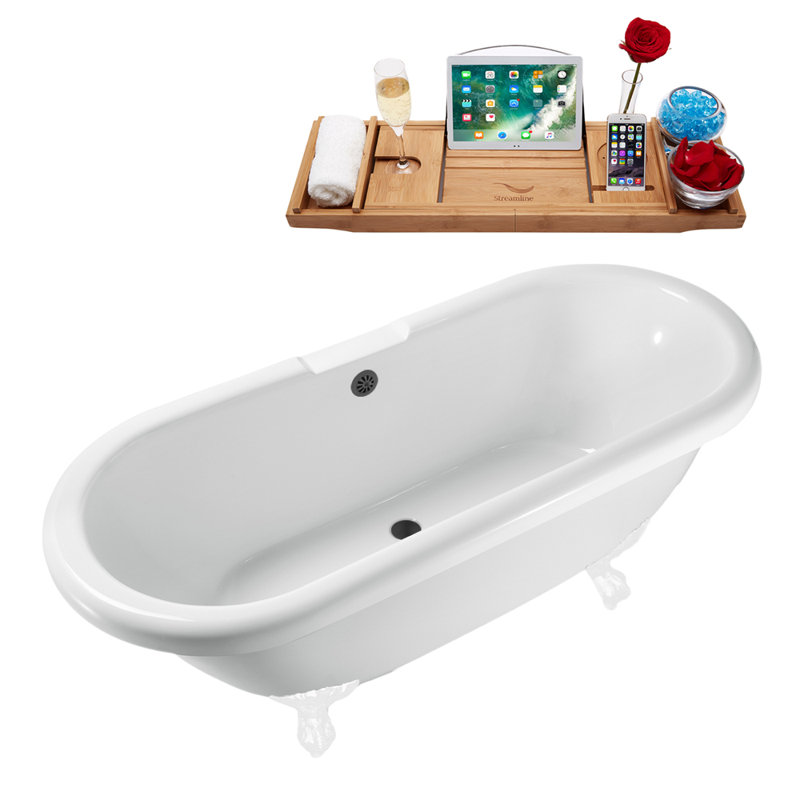 67" Streamline Clawfoot Soaking Acrylic Bathtub With Drain, Clawfeet, and Bamboo Tray, Matte Black, Glossy White