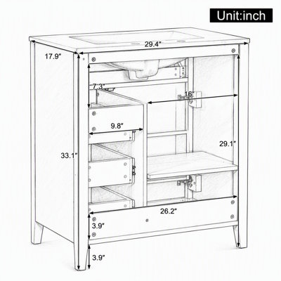 Meuble-lavabo de 76 cm avec lavabo, armoire en MDF et bois d'hévéa massif, 3 tiroirs et étagère réglable, design moderne brillant, compatible avec robinetterie de 20 cm