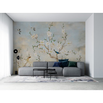 White Blossom Tree Wall Mural | Pale Blue Chinoiserie Branch Wallpaper | Non-Woven or Peel and Stick