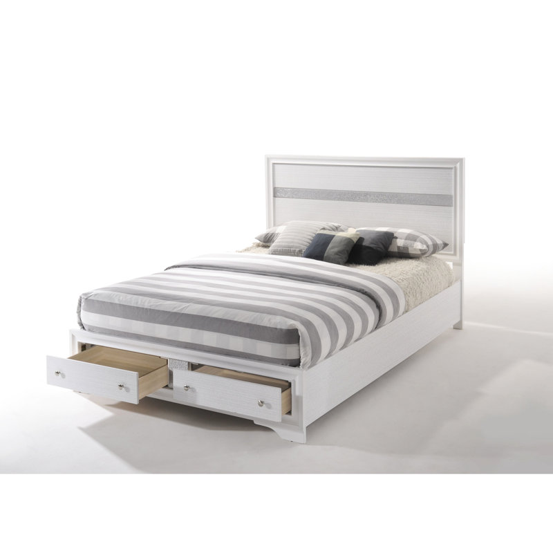 White Storage Queen Bed - Particleboard & Veneer Easy To Assemble No Box Spring 2 Drawers With Metal Center Drawer Slide In For Acrylic 3 Slats + 5 Legs And Full Extension