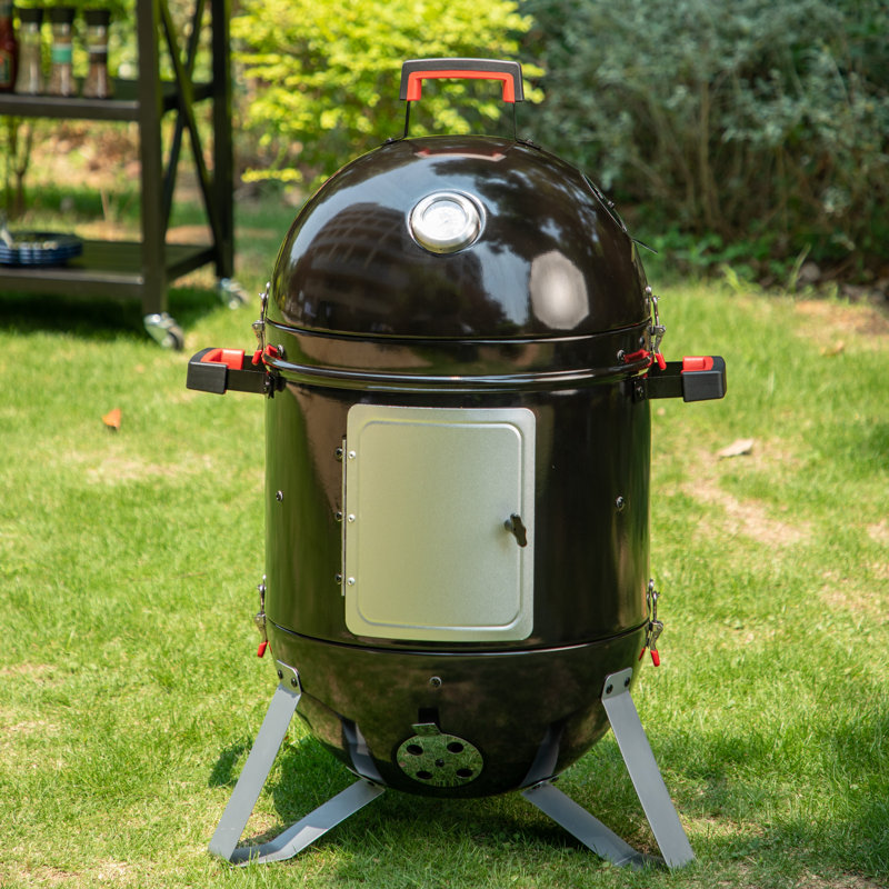 18" Black Charcoal Vertical Smoker Grill with Porcelain Enamel Bowls