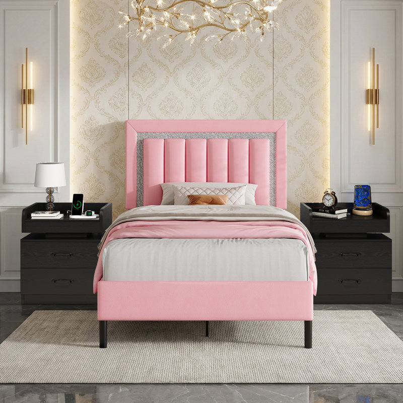 Ensemble de lit plateforme tapissier Diamond, Simple, Rose