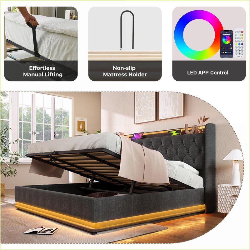 Structure de lit très grand revêtue de lin en métal avec rangement hydraulique, 360 lumières DEL, charge USB-C, aucun sommier nécessaire, gris pour la chambre principale
