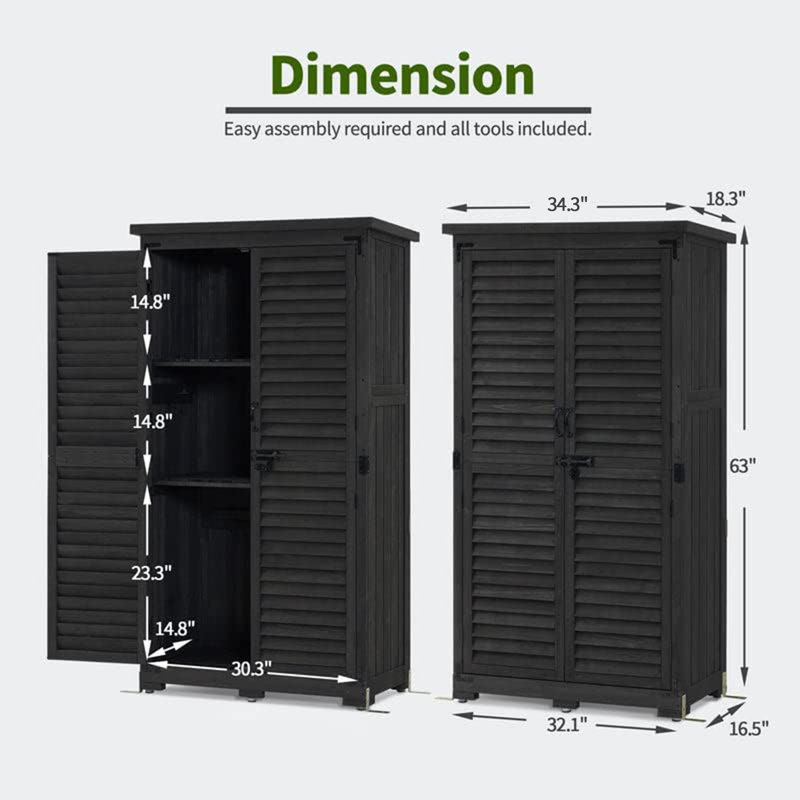 Black Fir Wood Outdoor Storage Cabinet with Shelving
