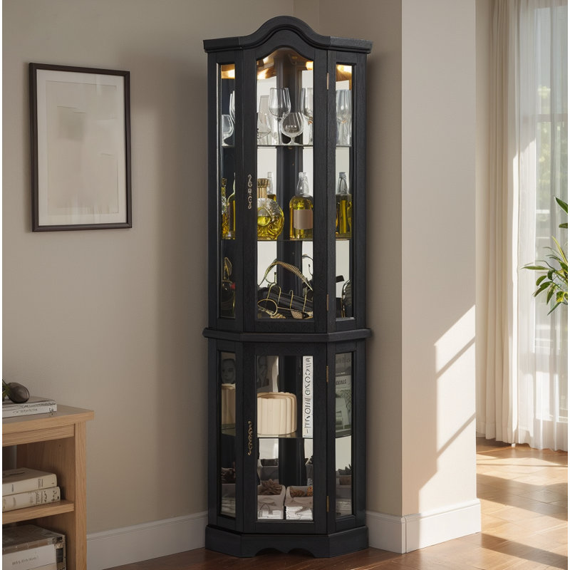 Vitrine de coin avec tablettes lumineuses et réglables