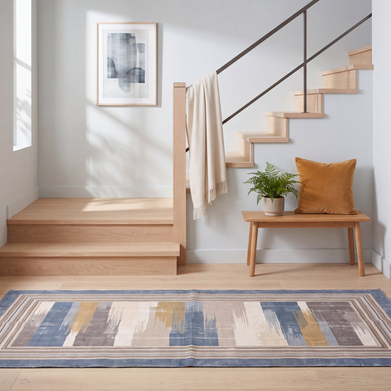 Tapis Orchard moderne à rayures effet pinceau, bleu, gris, or, crème, ivoire, lavable en machine, antidérapant, à poils courts, pour intérieur et extérieur, adapté aux animaux domestiques, salon, chambre, salle à manger, entrée, couloir, bureau
