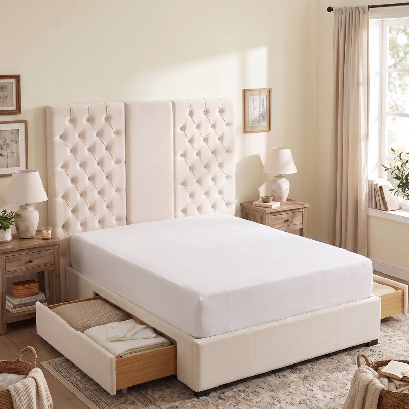 Lit plateforme extra-haut capitonné en velours, style glamour contemporain, avec tiroirs de rangement, Queen, crème, Grand