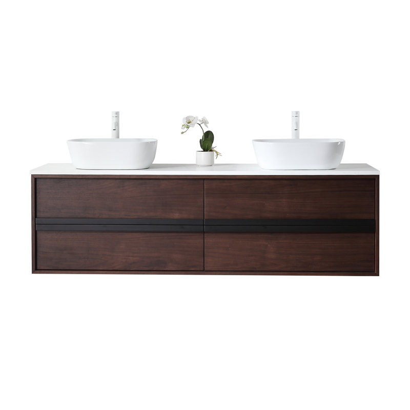 Meuble-lavabo de 72 po en contreplaqué de bois naturel avec plateau en quartz d'ingénierie Sintra, Noyer foncé, Blanc lustré