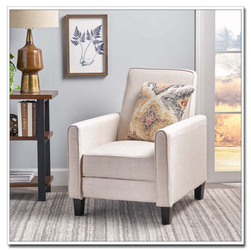 27.5" Push Back Recliner Chair Upholstered Recliner Armchair with Solid Beech Wood Legs, Polyester, Light beige