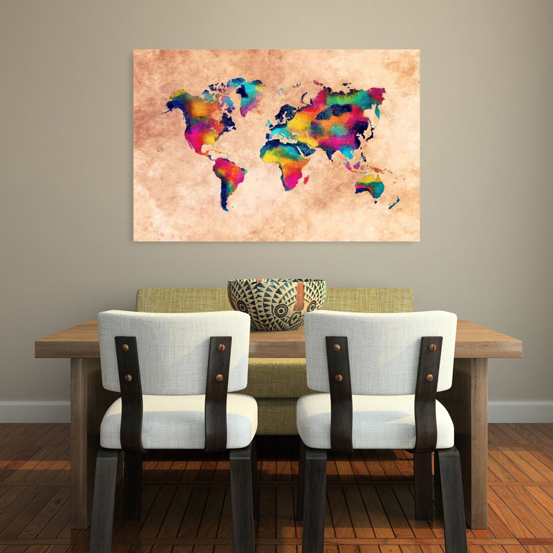 Carte du monde, art mural contemporain, 32" H x 48" W