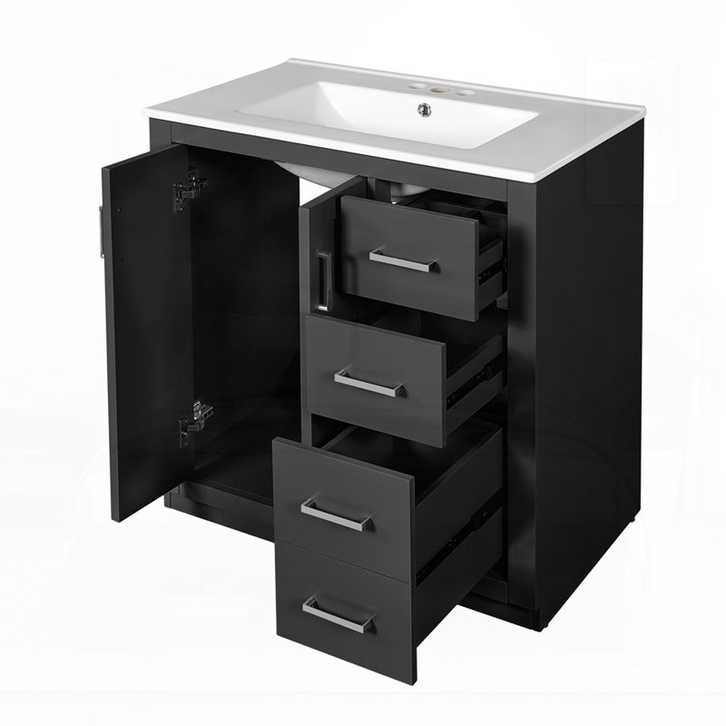Meuble-lavabo 30 po avec lavabo en céramique, Noir, Argent argent