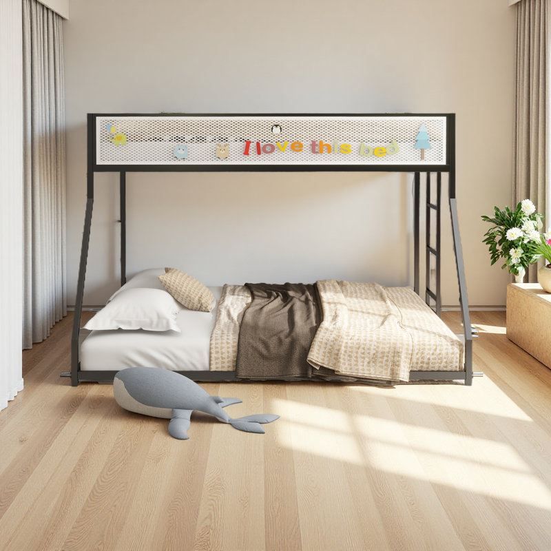 Lit simple superposé simple en métal noir avec barrière de sécurité en maille blanche pour enfants et adultes, profil bas et facile à monter avec échelle stable