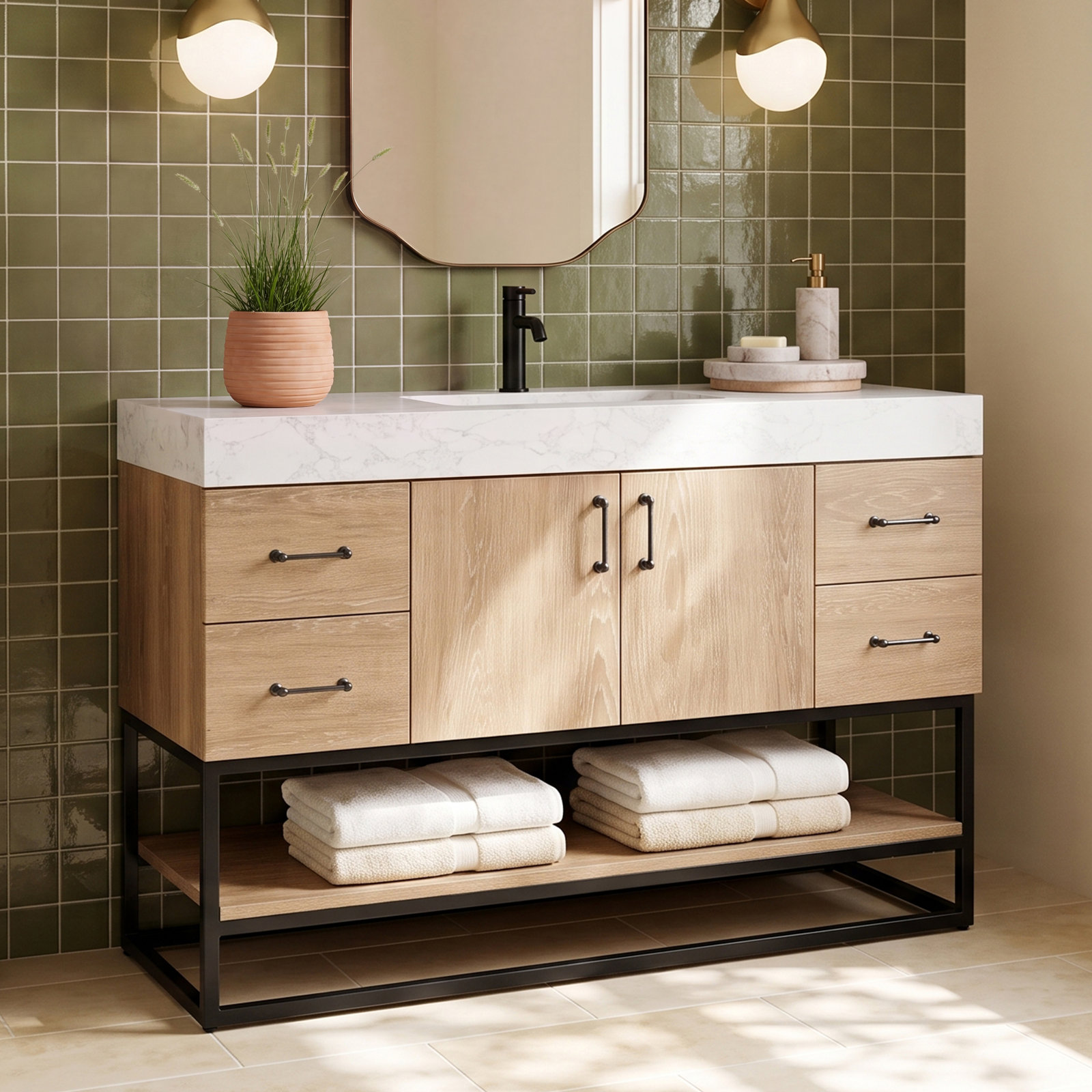 Alistair 48'' Single Bathroom Vanity, Matte Black, Natural Oak, White
