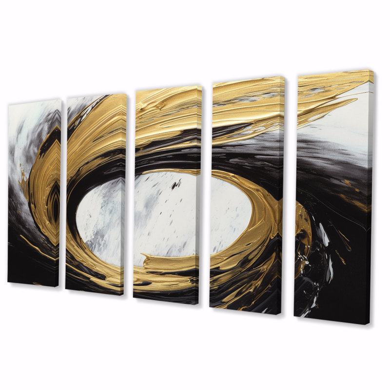 Waves Of Midnight Passion, abstrait noir et or - Art mural abstrait sur toile - 5 panneaux égaux