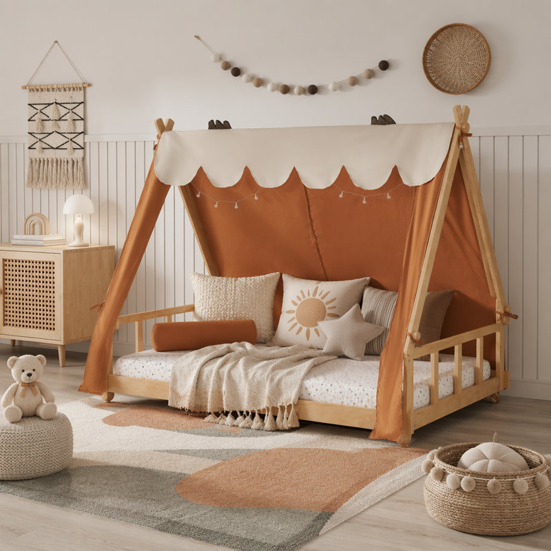 Lit simple avec tente et lumière, Brun
