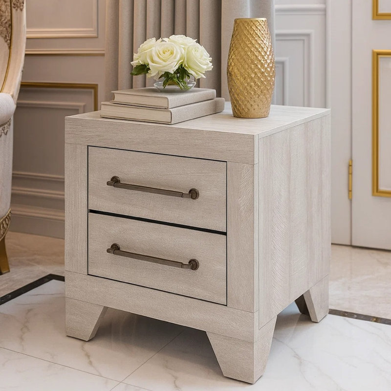 Table de chevet Ava, 2 tiroirs avec poignées de bar argent antique, gris poussiéreux