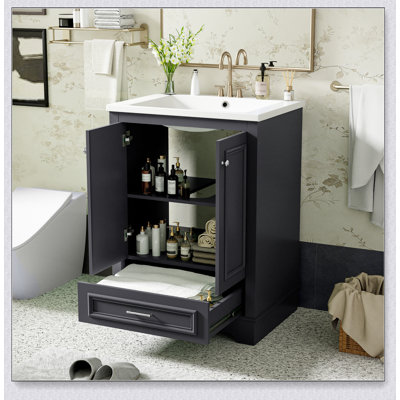 24'' Bathroom Vanity with Ceramic Sink Combo, Modern Freestanding Storage Cabinet  with Silver Handles,  Soft Closing Doors