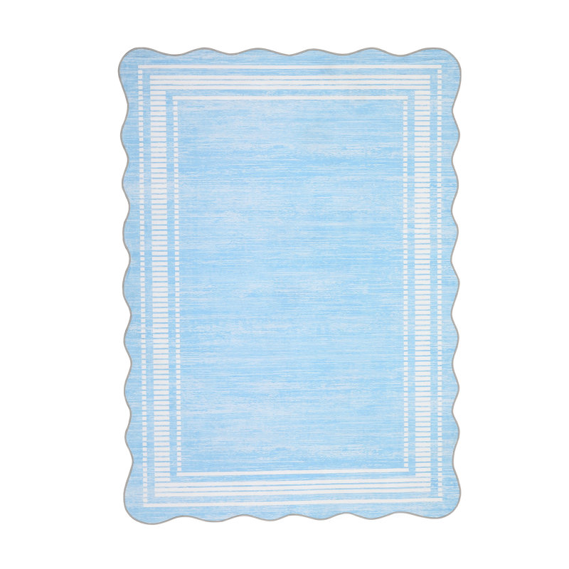 Scalloped 9x12 Area Rug Washable, Modern Pearl Velvet Living Room Carpet with Non-Slip Backing & Low Pile, Blue