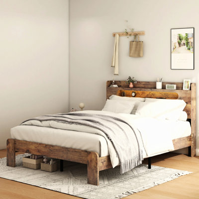 Structure de lit Structure de lit plateforme en bois avec tête de lit à DEL avec rangement et 2 ports USB, silencieux, aucun sommier nécessaire et outil d'assemblage facile, grand rangement sous le lit