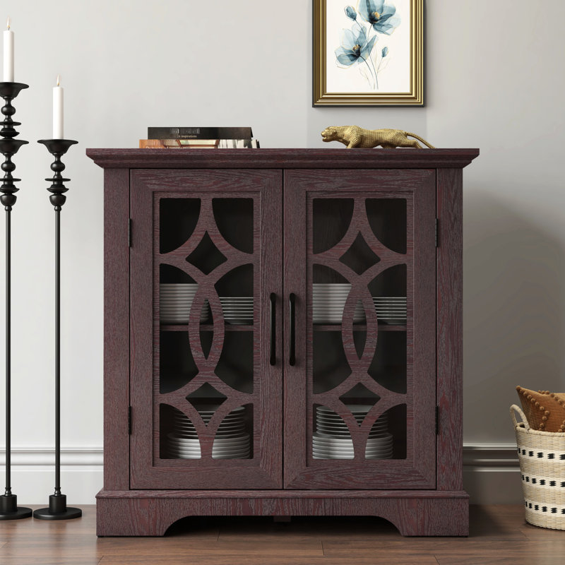 Buffet de rangement moderne rouge foncé avec 2 portes en verre trempé, 3 tablettes réglables en hauteur, pour salle à manger avec porte l 35,2 po x P 15,09 po et H 33,17 po