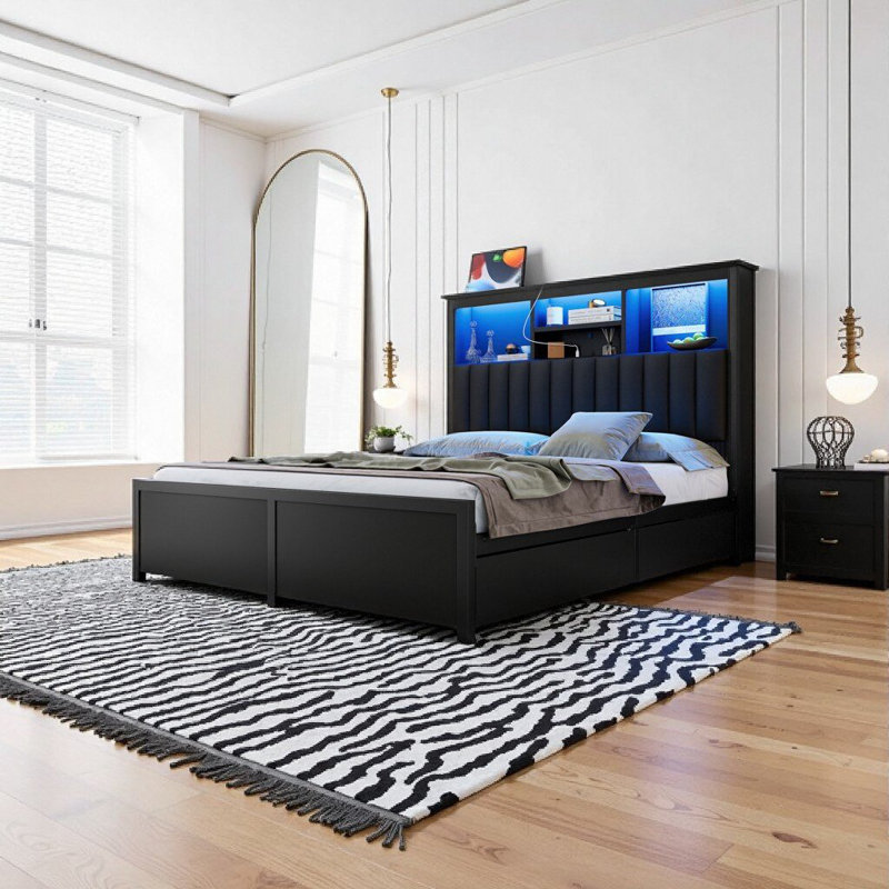 Cadre de grand lit avec station de charge, lumières DEL et grande tête de lit à rangement - 4 tiroirs, silencieux, support entièrement en métal, noir