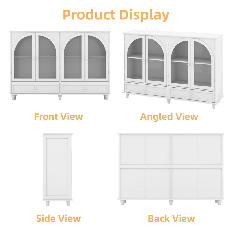 Buffet en verre arqué, H 36,8 po x l 54,13 po x P 14,96 po, Blanc