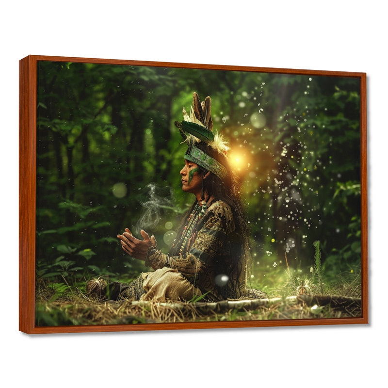Shaman Of The Forest Sunset - Native American Wall Art, reproduction d'art, Toile avec cadre flottant brun