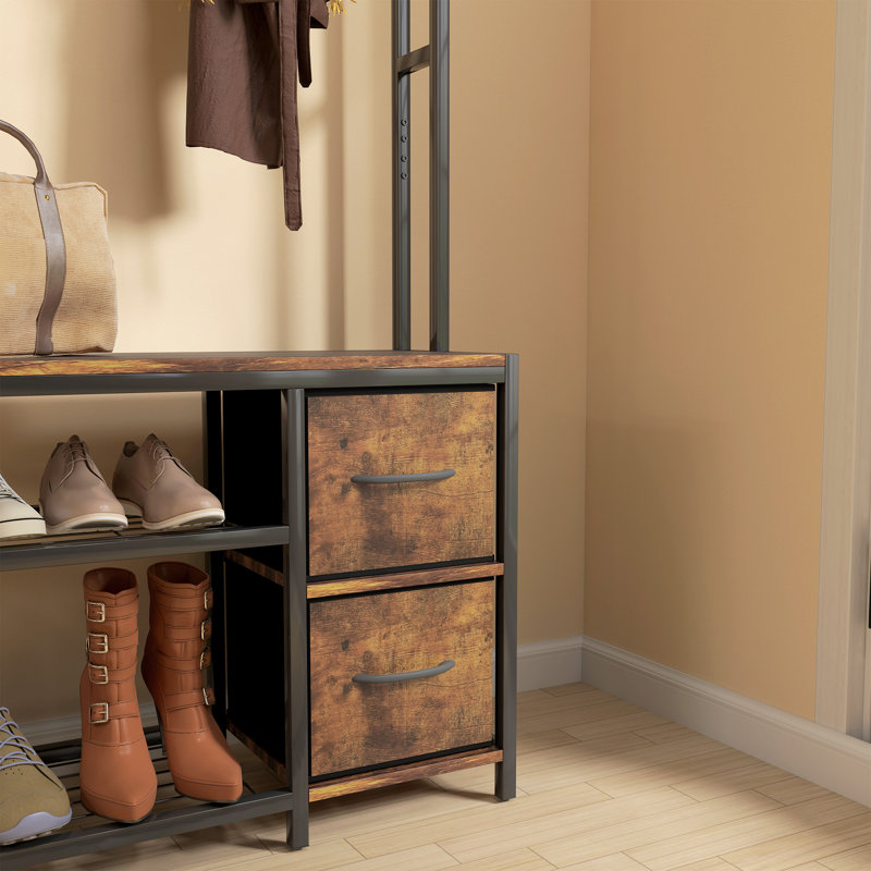 Hall Tree With Bench And Shoe Storage, 5-In-1 Entryway Bench With Coat Rack, 3 Storage Compartments, 5 Coat Hooks, 2 Fabric Drawers, Distressed,wood